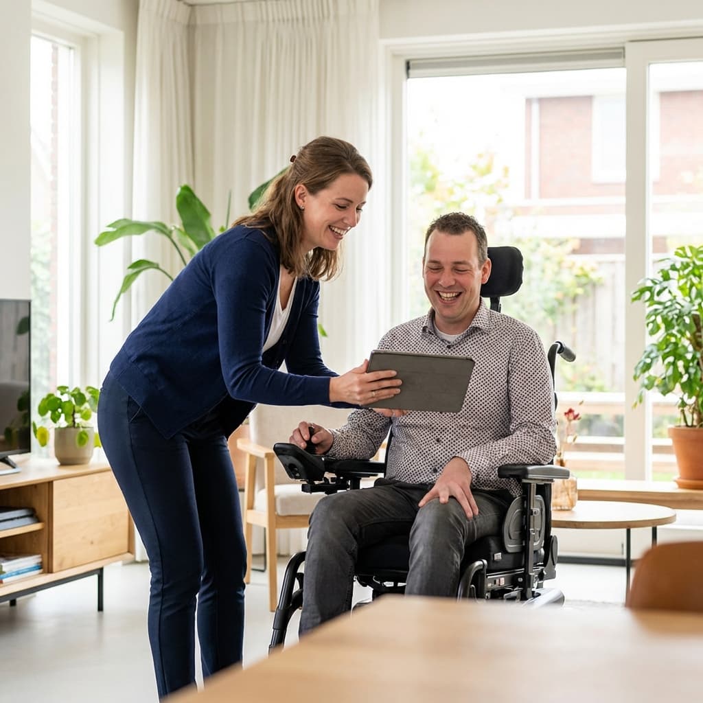Support worker helping NDIS participant in a welcoming home environment